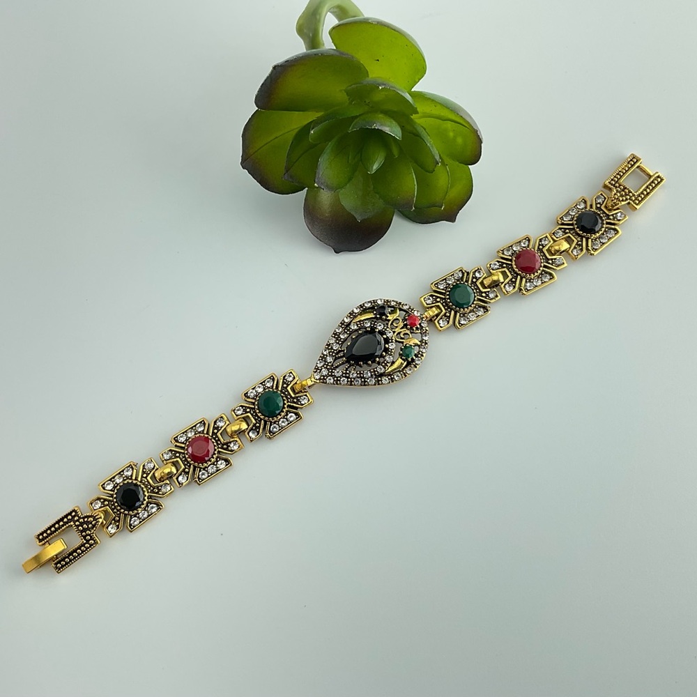 Baroque, Multicolor Gemstone Link Bracelet, Marked 925,  Faux Stones, Plated - Picture 3 of 8
